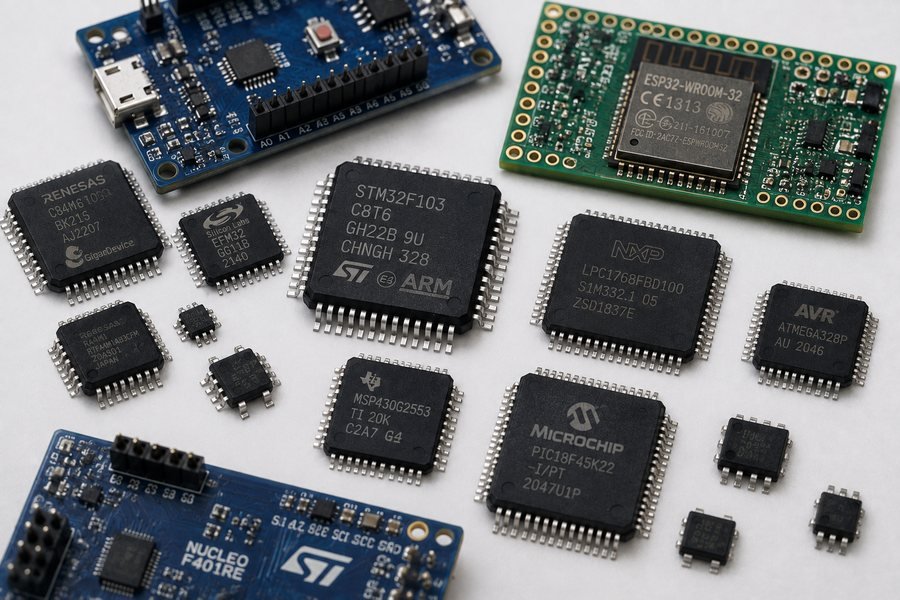 Microcontrollers and development boards from several manufacturers