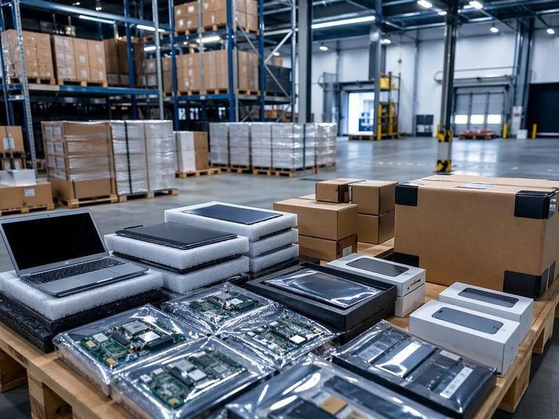 Electronic goods in anti-static packaging being packed into export cartons